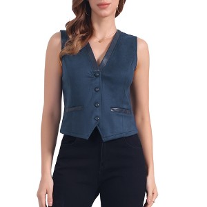 Allegra K Women's V Neck Faux Suede Button Down Side Pockets Sleeveless Vest - 1 of 4