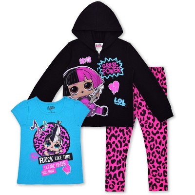Photo 1 of LOL Surprise Girl's LOL Dolls Coordinates, Short Sleeve Tee, Zip Up Hooded Jacket, and Leopard Printed Legging Pants Set for kids 
SIZE 4
