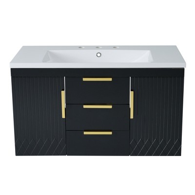Vynxaria 36 inch Midnight Black Wall Mounted Single Sink Bathroom Vanity with Resin Top Two Full Extension Drawers Two Soft Close Cabinets