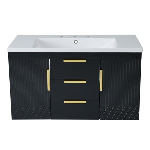 Vynxaria 36 inch Midnight Black Wall Mounted Single Sink Bathroom Vanity with Resin Top Two Full Extension Drawers Two Soft Close Cabinets - 1 of 4