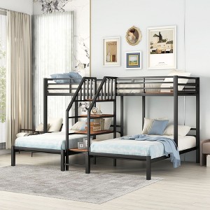 CAVINAS Twin Size Bunk Bed Triple Metal Bed Frame with Guardrail and Storage Stairs for Bedroom, Black - 1 of 4