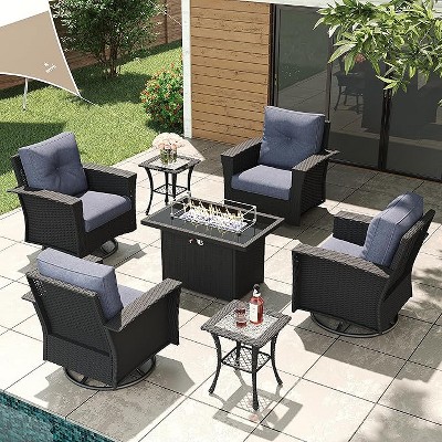 LayinSun Wicker Patio Furniture Set with Fire Pit Table, Classis Outdoor Conversation 360 Degree Swivel Chairs Set with Coffee Table