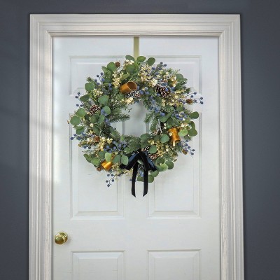 28'' Blue and Gold Artificial Christmas Wreath with Pinecones and Bells