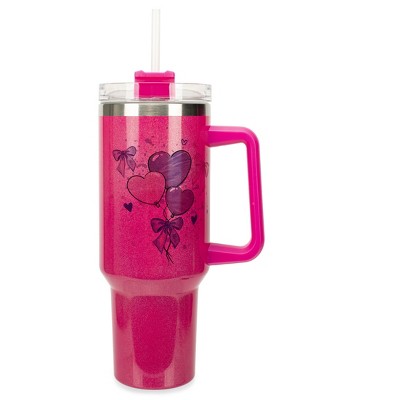 Elanze Designs 40 Ounce Stainless Steel Double Wall Insulated Glitter Travel Tumbler With Handle, Straw, and Lid, Heart Balloons Hot Pink