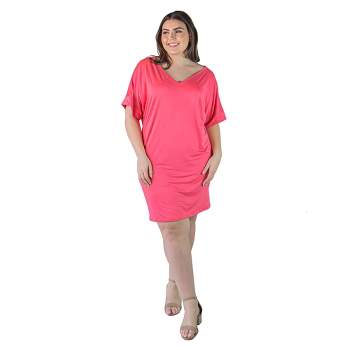 24seven Comfort Apparel Plus Size Solid Color Loose Fit V Neck T Shirt Style Knee Length Dress