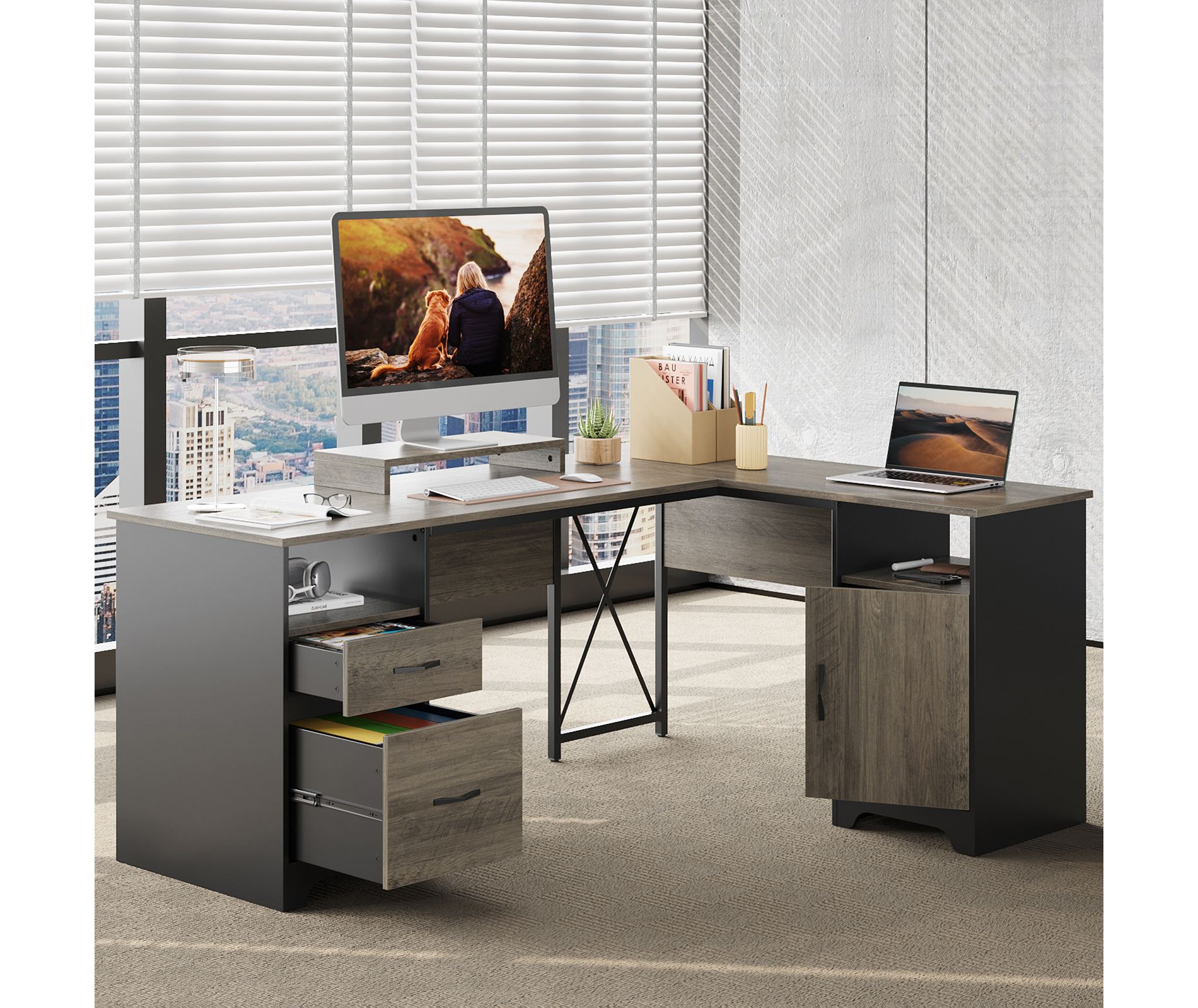 Bestier 63'' L Shaped Home Office Desk with File&Storage Drawers and Cabinet, Executive Desk with Monitor Stand and Open Compartments, Gray Wash