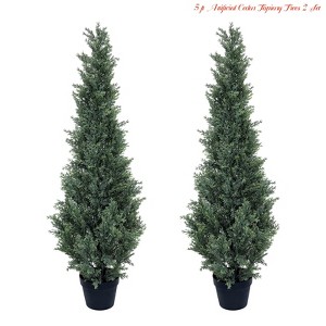Indoor Home Offices 5 ft Artificial Cedar Topiary Trees 2 Set, Realistic Fake Cypress Tree Tall Faux Pine Shrubs Plants Artificial Cypress Trees - 1 of 4