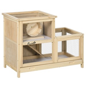 PawHut Extra Large Wooden Hamster Cage W/ Sliding Tray, Seesaw, Small Animal Habitat with Openable Roof, Wide Ramp for Racing, Running Wheel, Natural - 1 of 4