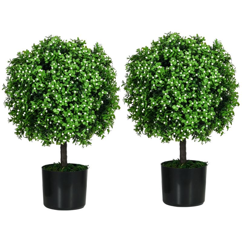 HOMCOM Set of 2 20.75" Artificial Boxwood Topiary Trees with Fruit, Potted Indoor Outdoor Fake Plants for Home Office Living Room Decor, White, 1 of 7