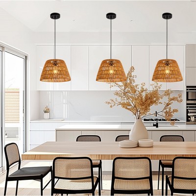 DORESshop 3-Pack1-Light Farmhouse Boho Pendant Light with Natural Woven Shade No Bulbs Included for Dining Room or Entryway