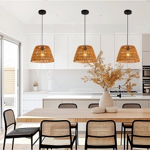 DORESshop 3-Pack1-Light Farmhouse Boho Pendant Light with Natural Woven Shade No Bulbs Included for Dining Room or Entryway - 1 of 4