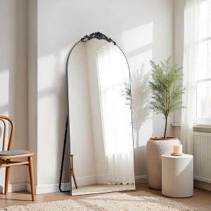 Grand Right-Angled Floor Mirror: 70.2x31.2", Carved Wood Design, Black, Full-Length, Bracket Included - 1 of 4