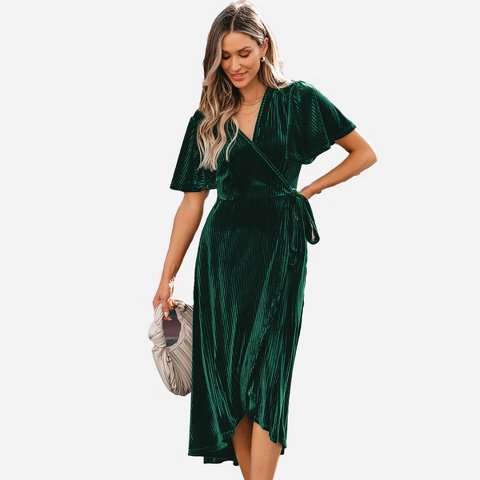 Женские платья Cupshe Women's Festive Ribbed Velvet Belted Midi Fall Dress-S-Green