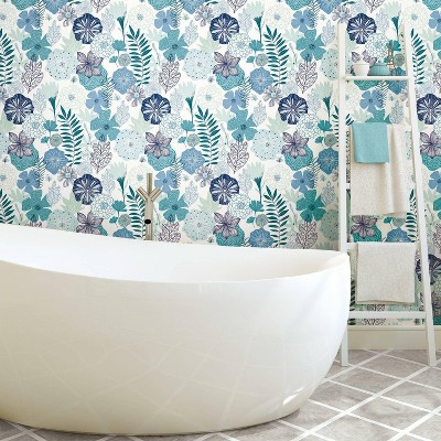 Blue Floral Peel and Stick Vinyl Wallpaper Roll