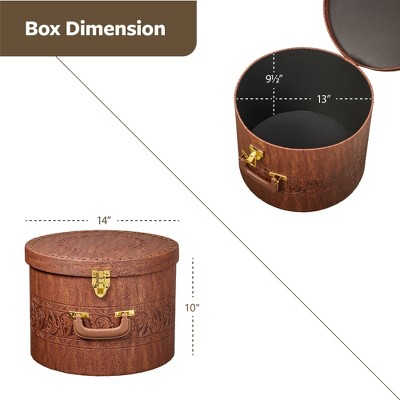 Brown Round PVC Leather Hat Box with Gold Locking Lid
