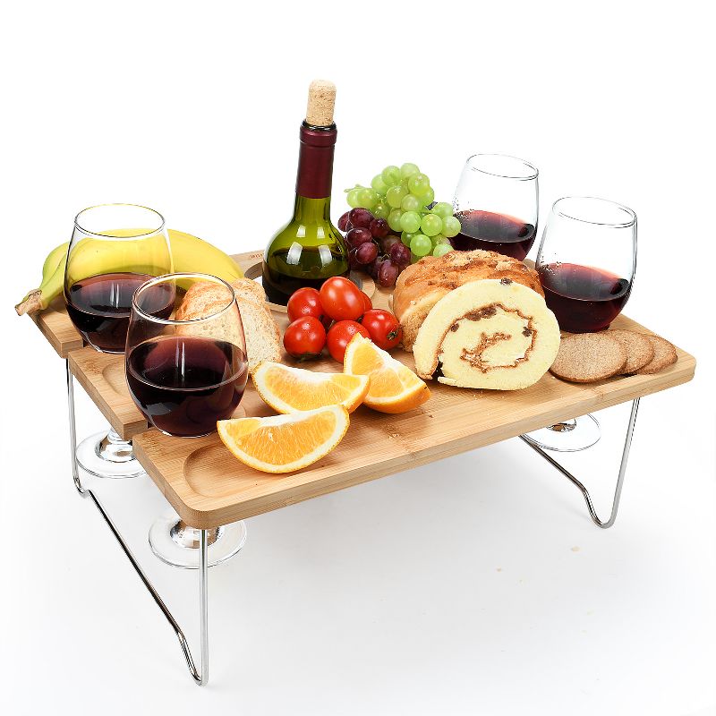 Tirrinia Bamboo Wine Picnic Table, Large Folding Portable Outdoor Snack & Cheese Tray with 4 Wine Glasses Holder for Concerts at Park or Party, Beach, 1 of 8