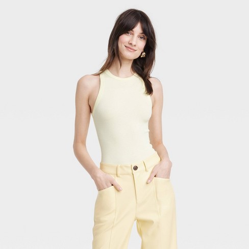 Women's Slim Fit Ribbed High Neck Tank Top - A New Day™ Light Yellow M