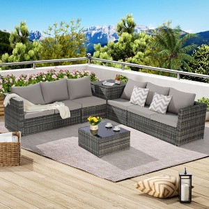 6-Piece Outdoor Wicker Sectional Sofa, Rattan Patio Conversation Furniture Set with Corner Table & Tempered Glass Coffee Table - ModernLuxe - 1 of 4