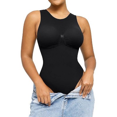SHAPELLX Seamless Tummy Control Bodysuit Women's Sleeveless Slimming Top 2.0 Crew Neck Body Suit Thong Body Shaper Top—Black 38
