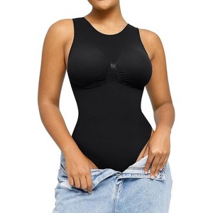 SHAPELLX Seamless Tummy Control Bodysuit Women's Sleeveless Slimming Top 2.0 Crew Neck Body Suit Thong Body Shaper Top—Black 38 - 1 of 3