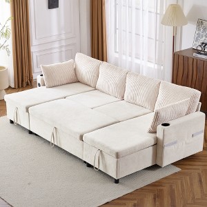 111.8" Convertible U-Shaped Sectional Sofa with Pull-Out Bed, Storage Chaise Lounges, USB Ports & Cup Holders - 1 of 4