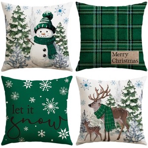 Christmas Throw Pillow Covers 18x18 Inch Set of 4, Scottish Tartan Plaid Snowman Reindeer Winter Christmas Decoration - 1 of 4