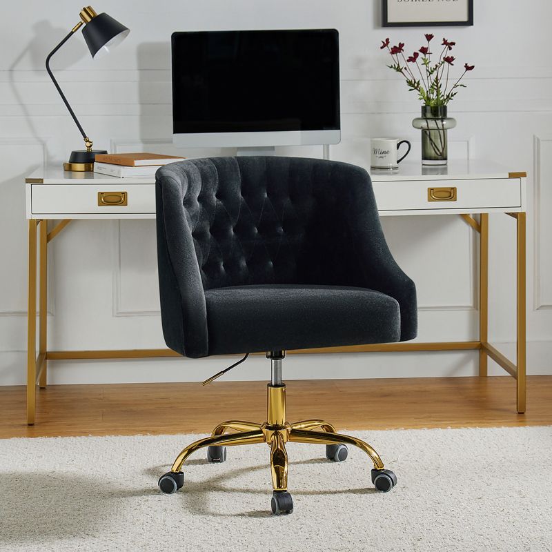 Anika Velvet Height-adjustable Swivel Task Office Chair with Button-tufted Back and Gold Base | Karat Home, 4 of 13