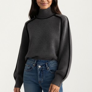 Anna-Kaci Women's Turtleneck Pullover Top with Contrast Trim Details and Ribbed Hemline for a Clean Modern Silhouette - 1 of 4