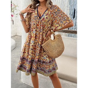 Womens Summer Dress Color Block Floral Print V Neck Midi Dress - 1 of 4