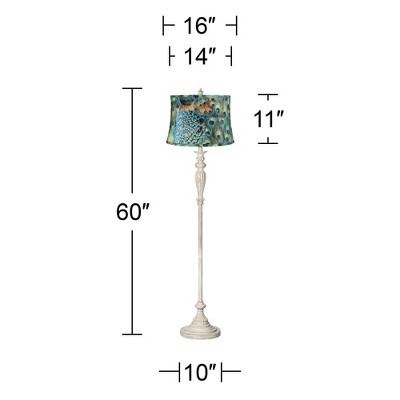 Elegant Antique White Floor Lamp with Peacock Print Shade
