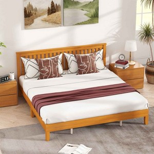 BestMassage Wood Platform Bed Frame Solid Wood Foundation with Headboard No Box Spring Needed - 1 of 4
