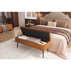 Leather Bench with Storage Ottoman, Foot Rest with Legs, Entryway End of Bed Bench with Stitching, Safety Hinges, for Living Room, Bedroom, Entryway - 1 of 4