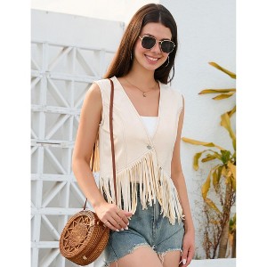 Coolmee Women's Casual Vests Denim Style Vacation Simple Vests Single Button Front Contrast Color Stitching Short Tassel Summer Vests L Rice White - 1 of 4