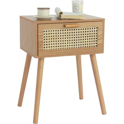 Rattan Nightstand, Bedside Table with Rattan Drawer, Wood End Table with Storage and Solid Wood Legs
