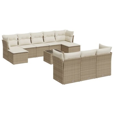 vidaXL Patio Sofa Set with Cushions Outdoor Furniture 10 Piece Poly Rattan - Beige and Cream With Table