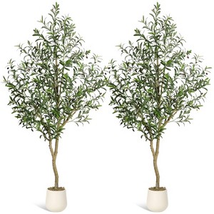 5FT(1pcs) Artificial Olive Tree, UV Resistant Fake Realistic Olive Tree in White Pot with Olives, Moss Decors,  for Front Door Living Room Garden - 1 of 4