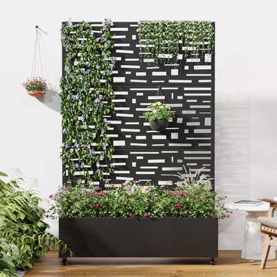 Wooakway Black Metal Planter Box with Trellis Raised Garden Bed with Arbor Privacy Screen with Wheels