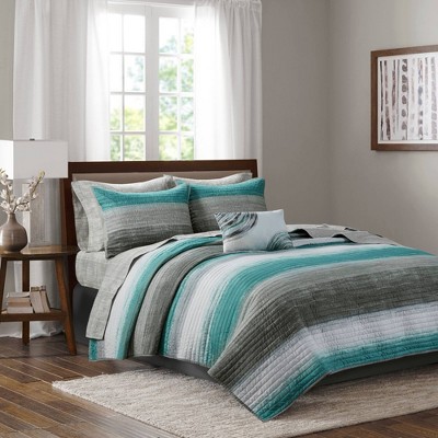 Seth Twin 6pc Complete Reversible Coverlet and Cotton Sheet Set Aqua