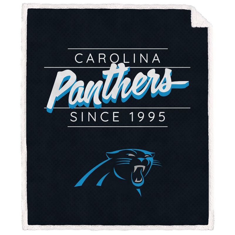 NFL Carolina Panthers Legacy Script Faux Shearling Flannel Fleece Blanket, 1 of 4