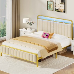 Greenstell Queen Bed Frame with Upholstered Headboard and Footboard & Charging Station & LED Lights Gray - 1 of 4
