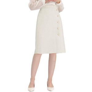 Allegra K Women's Plaid Tweed High Waist Button Decor Shiny Business Elegant Midi Skirt - 1 of 4