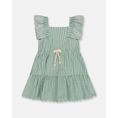 Deux par Deux Girl Chambray Dress with Embroidery Mint Green Striped