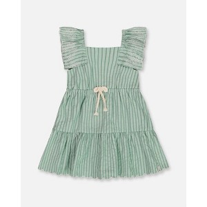Deux par Deux Girl Chambray Dress with Embroidery Mint Green Striped - 1 of 4