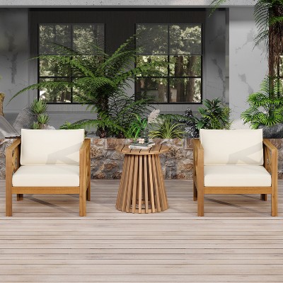 FIONECA Patio Conversation Set, 2 Acacia Wood Armchairs with Beige Cushions & Side Table, Outdoor Leisure Set for Backyard, Lawn, Balcony