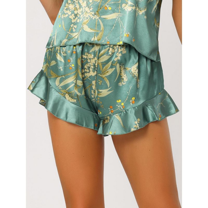 cheibear Women's Satin Lounge Floral Cami Tops with Shorts Ruffled Pajamas Sets, 4 of 6