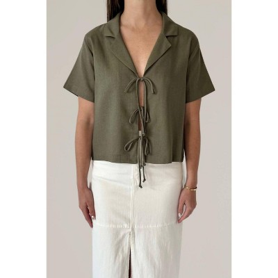 Women's Linen Short Sleeve Tie Front Collared Blouse - nlt