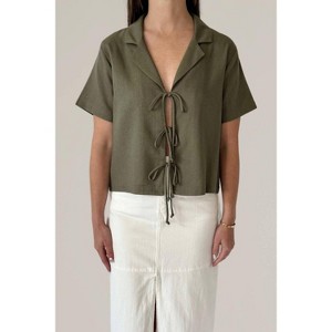 Women's Linen Short Sleeve Tie Front Collared Blouse - nlt - 1 of 4