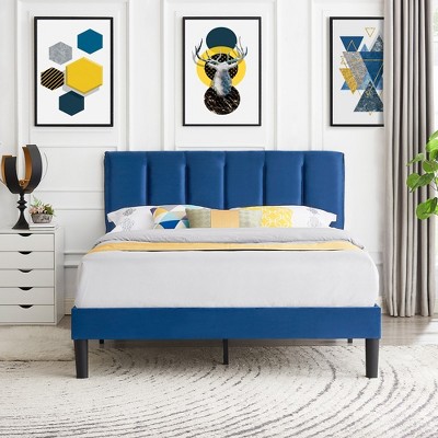 VECELO Upholstered Bed Frame with Adjustable Headboard, Heavy-Duty Platform Bed with Strong Wood Slat Support, No Box Spring Needed