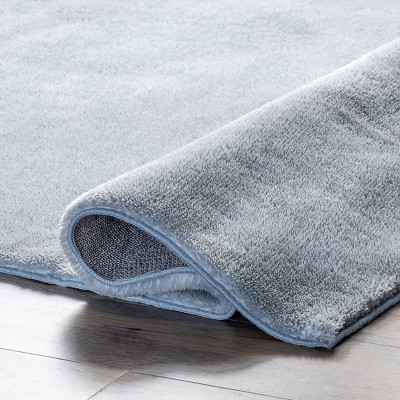 Light Blue Solid Shag Washable Round Synthetic Rug