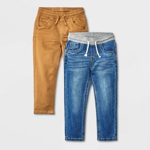 Toddler Boys' 2pk Pull-On Straight Fit Jeans - Cat & Jack™ Blue Denim/Brown - 1 of 3